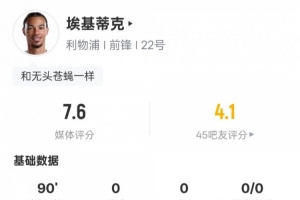 埃基蒂克本场数据:5过人成功1关键传球+错失1进球机会,评分7.6