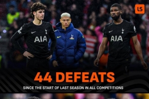 热刺上赛季以来输掉44场比赛,与阿森纳近5个赛季输球场次相同