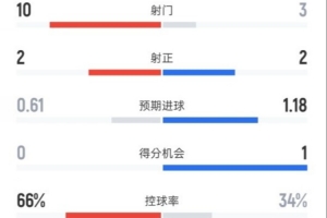 切尔西半场0-1纽卡数据:射门10-3,射正2-2,控球率66%-34%