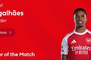 8次解围!英超官方:加布里埃尔当选阿森纳2-0埃弗顿全场最佳