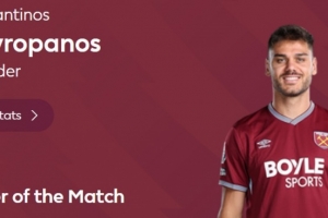 头球扳平,英超官方:马夫罗帕诺斯当选西汉姆1-1曼城全场最佳