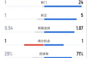 西汉姆1-1曼城全场数据:射门1-24,射正1-5,控球率29%-71%