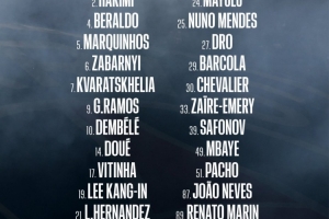 巴黎对阵切尔西次回合名单:登贝莱、内维斯、杜埃、K77在列