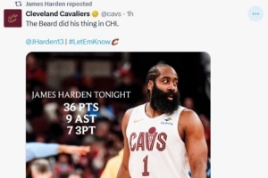 哈登本人转发!骑士官推晒哈登数据海报:大胡子在芝加哥大显身手