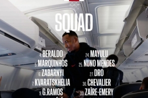 巴黎对阵尼斯名单：登贝莱领衔，阿什拉夫、巴尔科拉、内维斯缺席