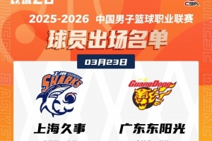 上海VS广东大名单:双方四外援 张镇麟+大王 徐杰+胡明轩各自领衔
