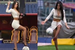 脚法如何?26岁DAZN美女主持穿连衣裙+高跟鞋在罗马主场踢球⚽️