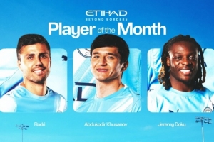 曼城公布3月份最佳球员候选：罗德里、胡桑诺夫和多库